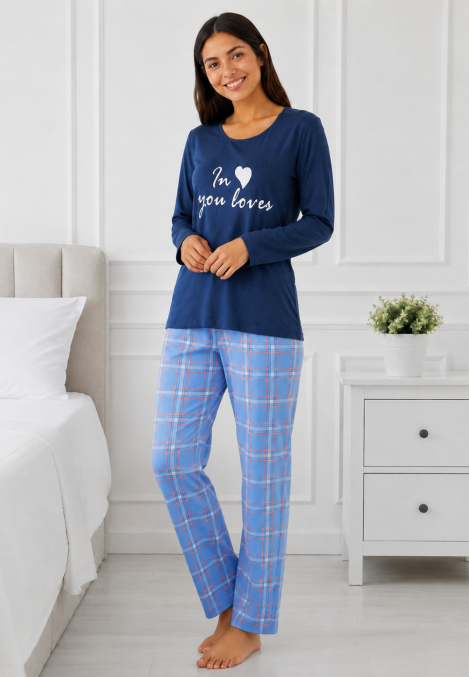 Pijama damă Serena bluză cu maneca lunga și pantaloni-Bleumarin,Engros